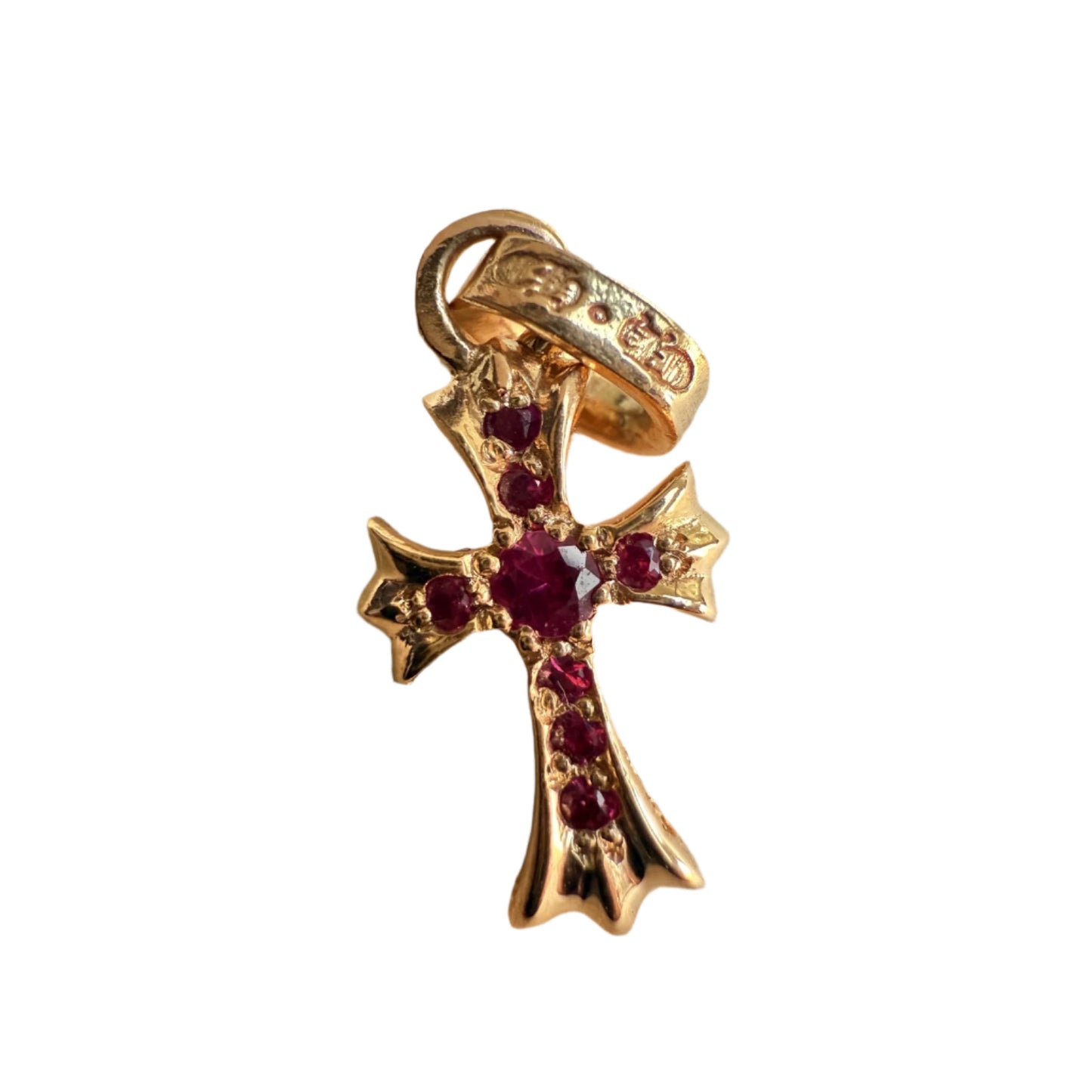 CHROME HEARTS 22K GOLD PAVE RUBY BABY PHAT CROSS PENDANT