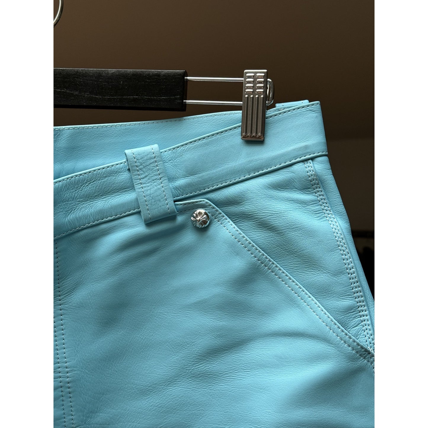 CHROME HEARTS BLUE FLEUR LEATHER SHORTS LAMB SHORTS ST BARTH