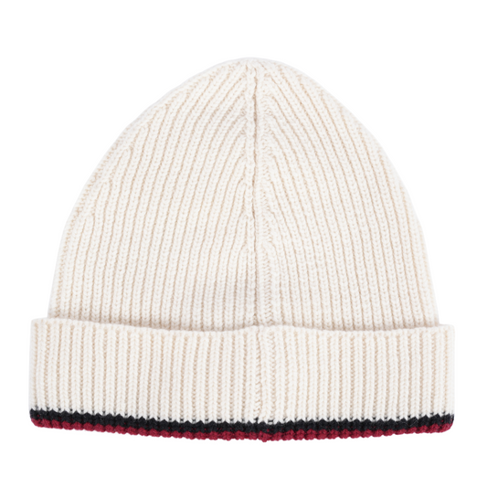 CHANEL RED KNITTED LOGO WHITE BEANIE