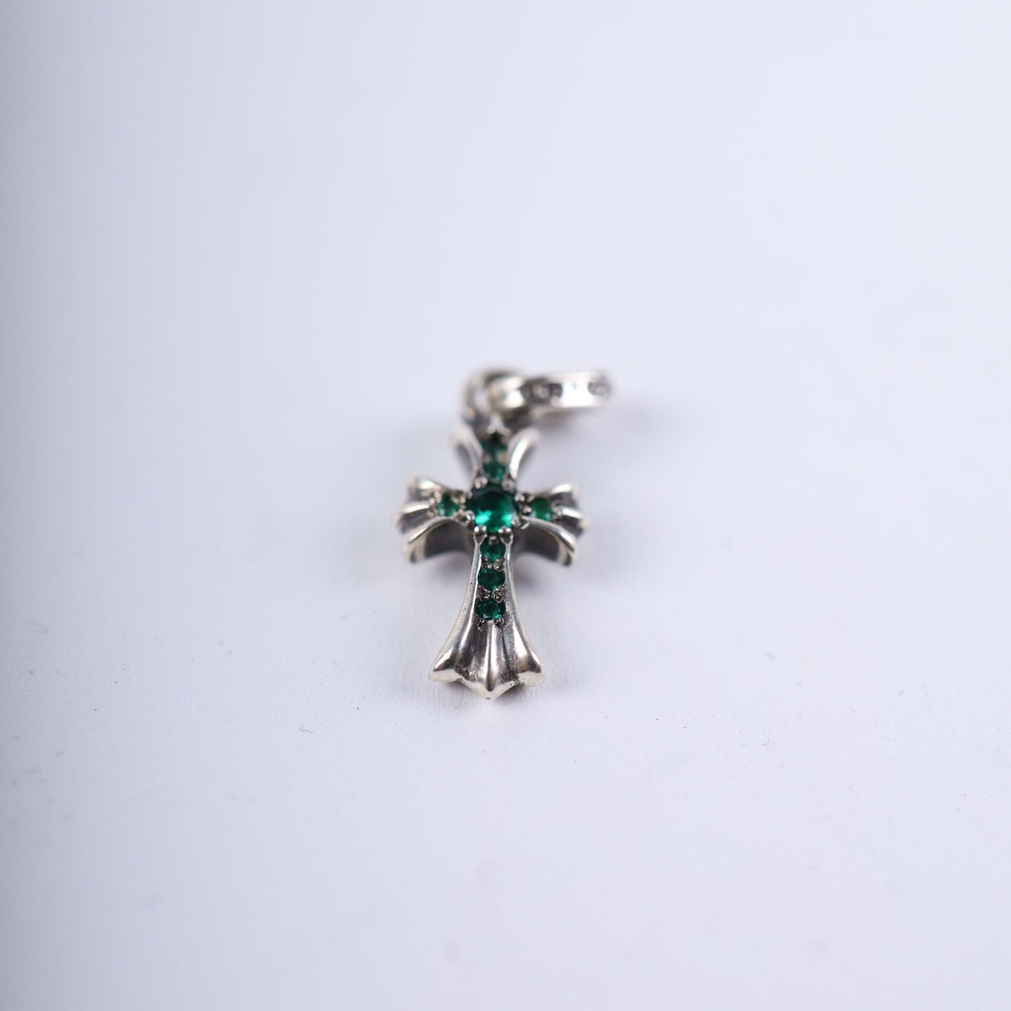 CHROME HEARTS PAVE EMERALD BABY FAT CROSS CHARM PENDANT