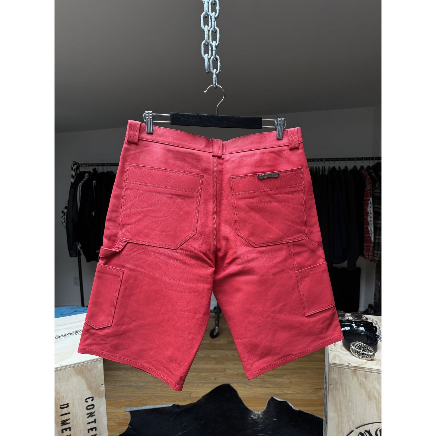CHROME HEARTS RED LEATHER FLEUR SHORTS RARE