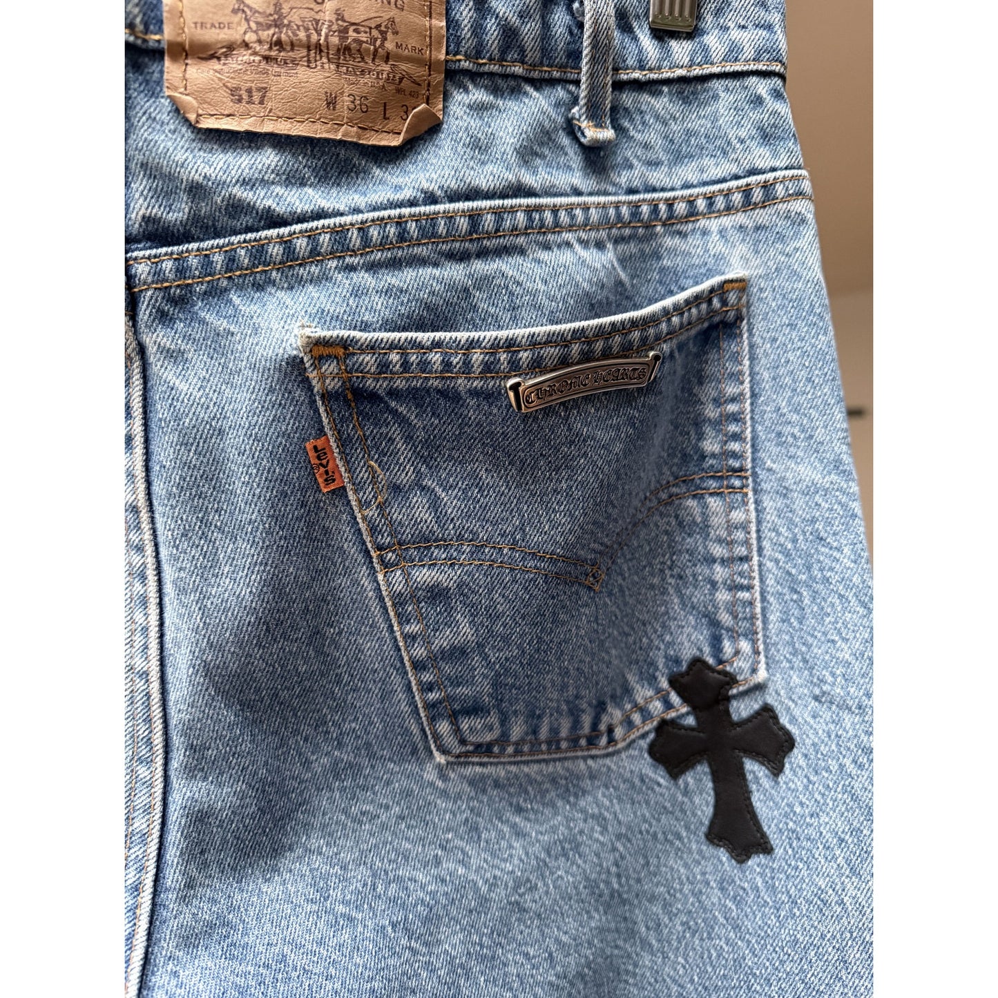 CHROME HEARTS LIGHT WASH LEVI'S CROSS PATCH DENIM SIZE 34 HEMMED