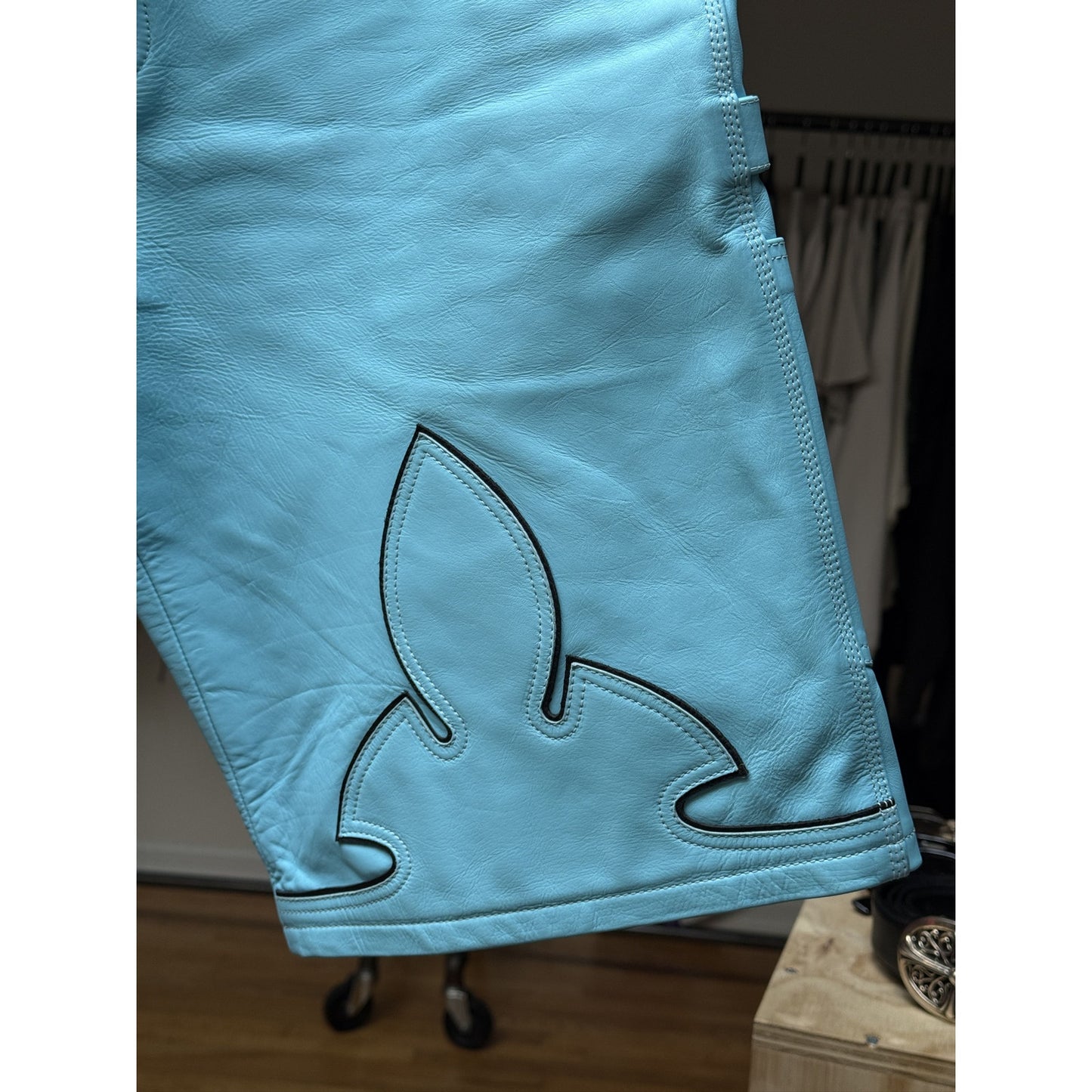 CHROME HEARTS BLUE FLEUR LEATHER SHORTS LAMB SHORTS ST BARTH