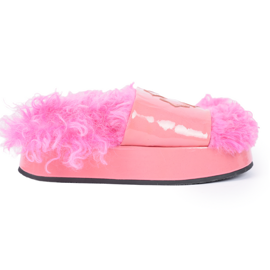 CHROME HEARTS PINK PATENT LEATHER FURRY SLIDES