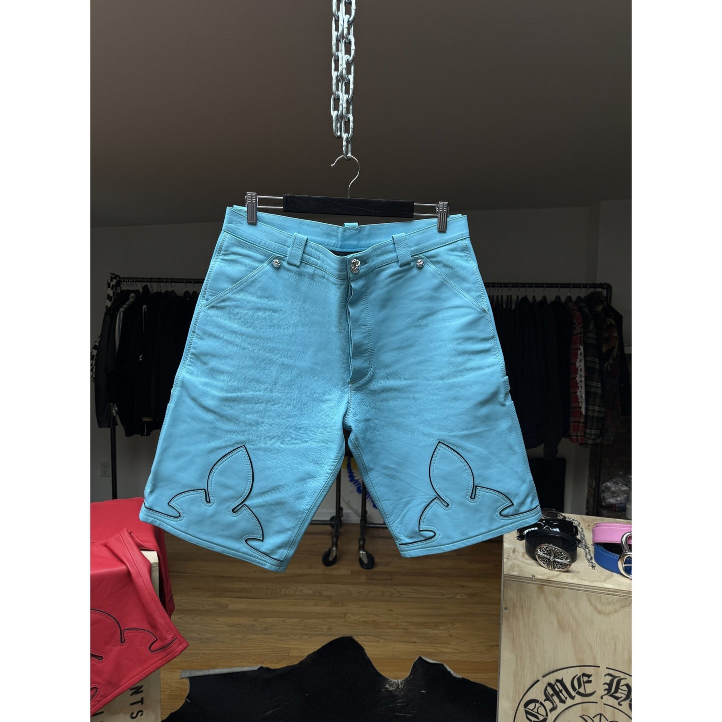 CHROME HEARTS BLUE FLEUR LEATHER SHORTS LAMB SHORTS ST BARTH