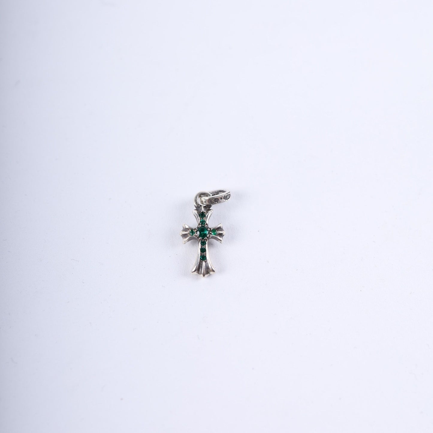 CHROME HEARTS PAVE EMERALD BABY FAT CROSS CHARM PENDANT