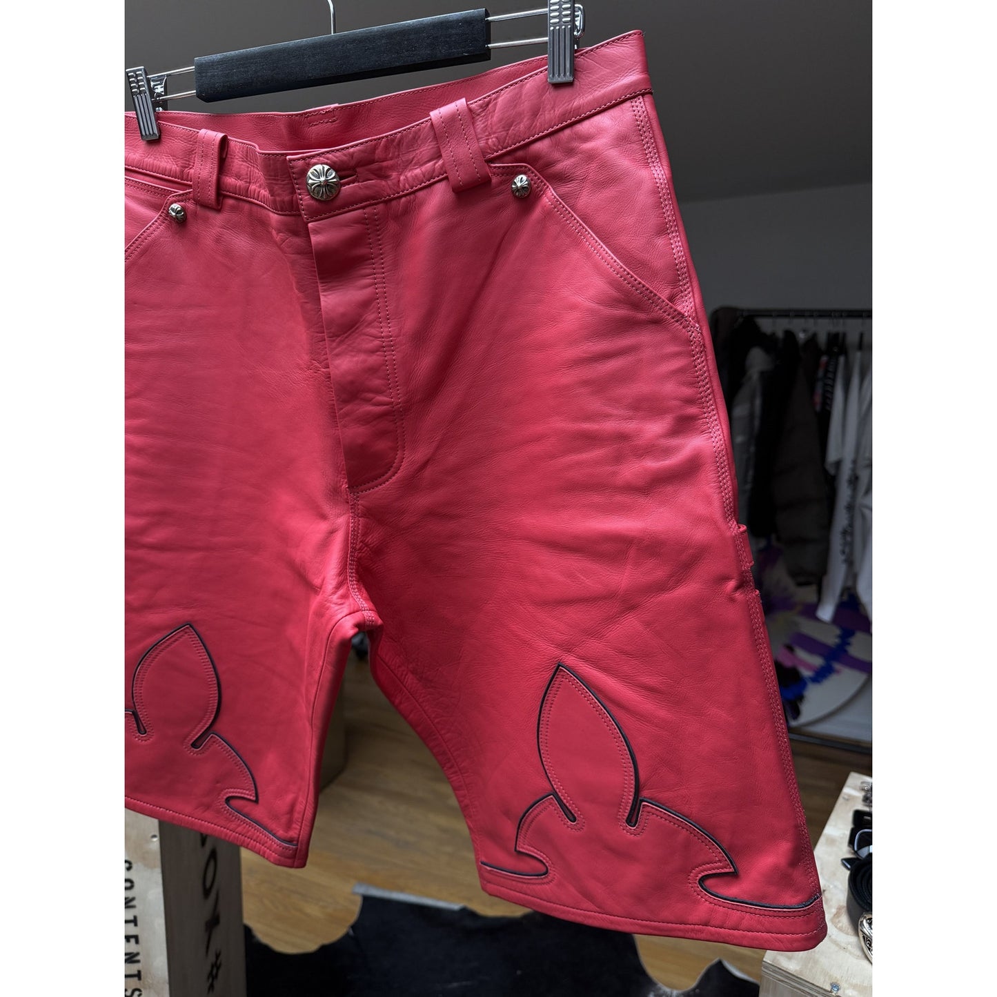 CHROME HEARTS RED LEATHER FLEUR SHORTS RARE