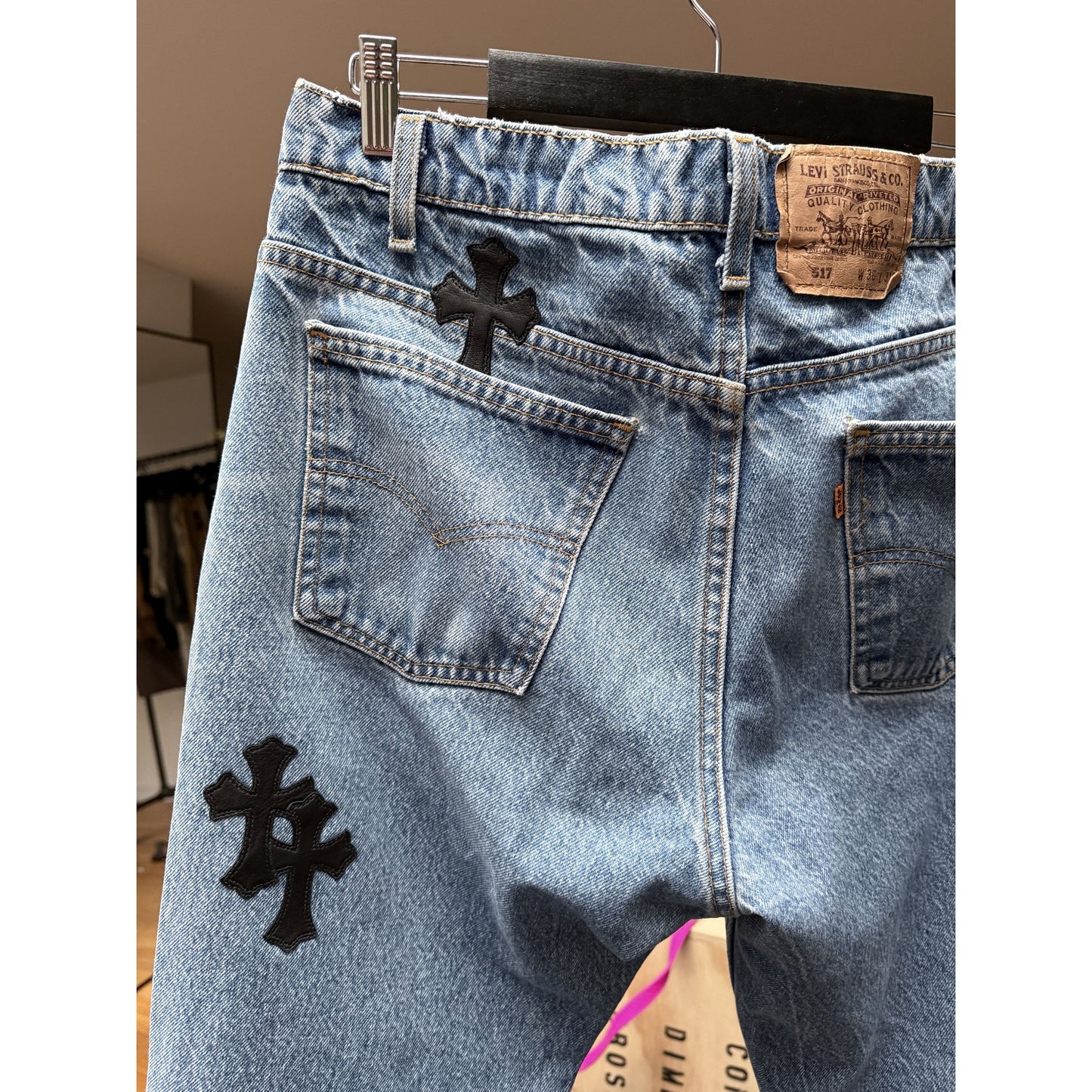 CHROME HEARTS LIGHT WASH LEVI'S CROSS PATCH DENIM SIZE 34 HEMMED
