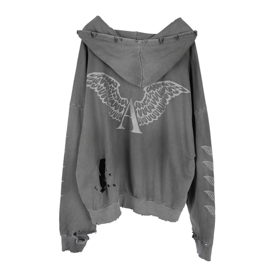 ALEXANDER DIGENOVA GREY LEATHER SCRAP LOGO PULLOVER HOODIE