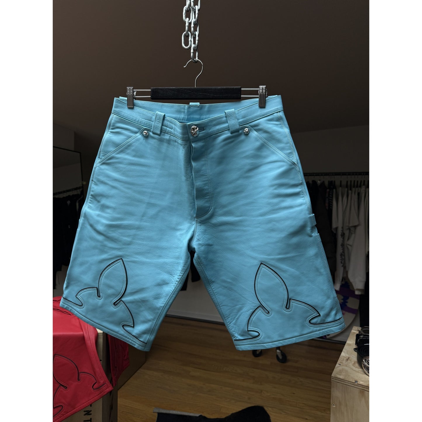 CHROME HEARTS BLUE FLEUR LEATHER SHORTS LAMB SHORTS ST BARTH