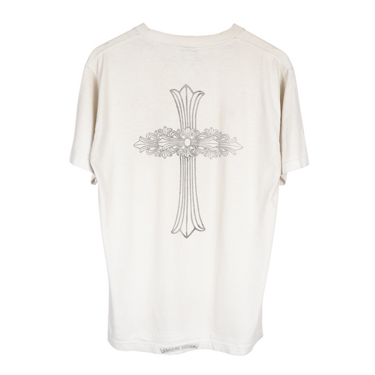 CHROME HEARTS VINTAGE WHITE FADED HORSESHOE CROSS NECK SCRIPT POCKET TEE
