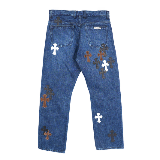 CHROME HEARTS BROWN AND WHITE PATCH FLEUR KNEE DENIM