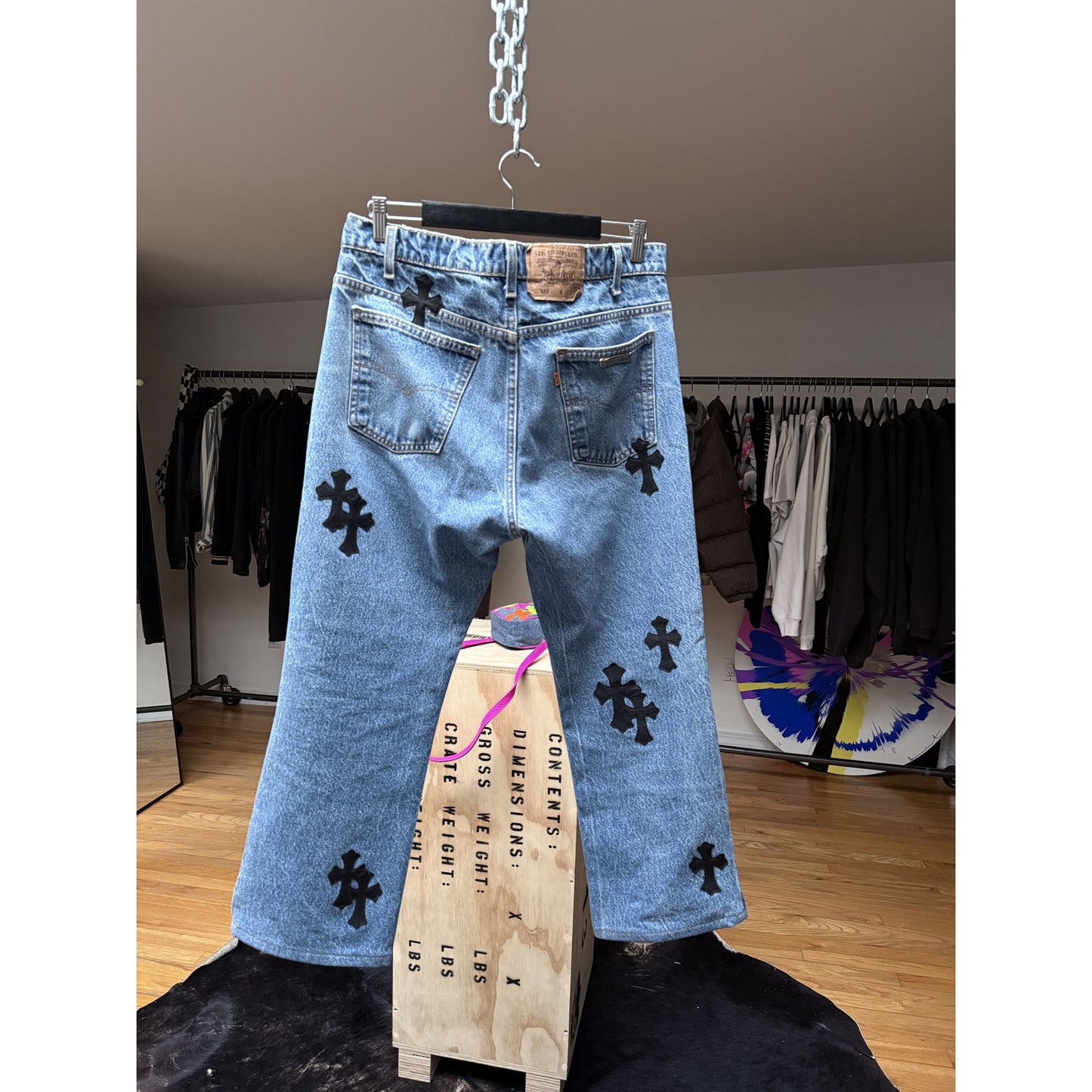 CHROME HEARTS LIGHT WASH LEVI'S CROSS PATCH DENIM SIZE 34 HEMMED