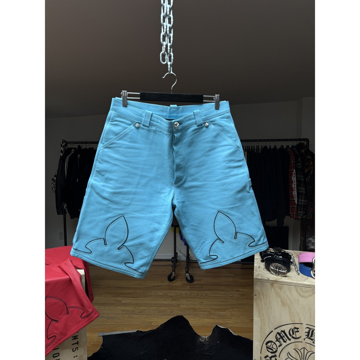 CHROME HEARTS BLUE FLEUR LEATHER SHORTS LAMB SHORTS ST BARTH