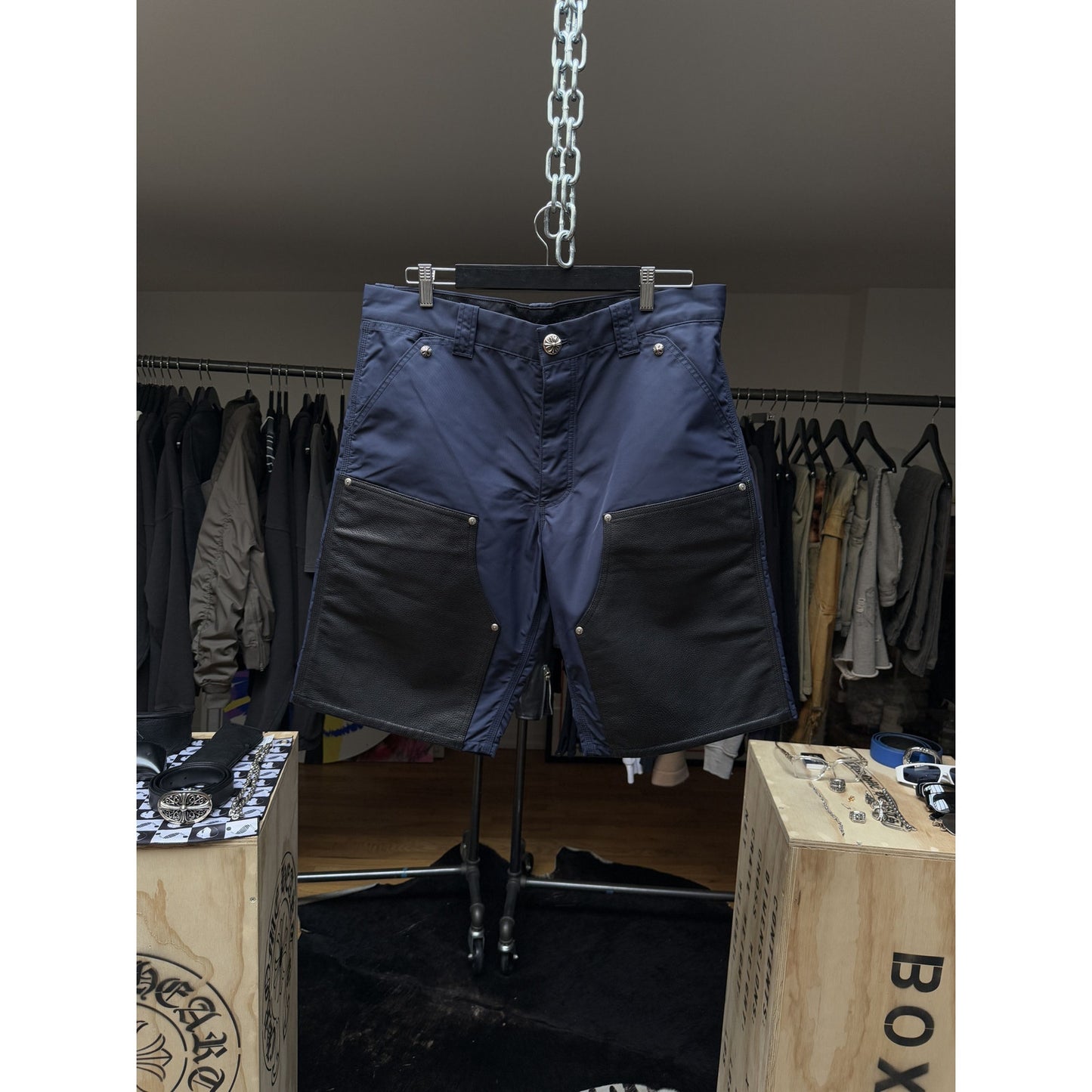 Chrome hearts Leather double knee shorts sz 34 yellow patch