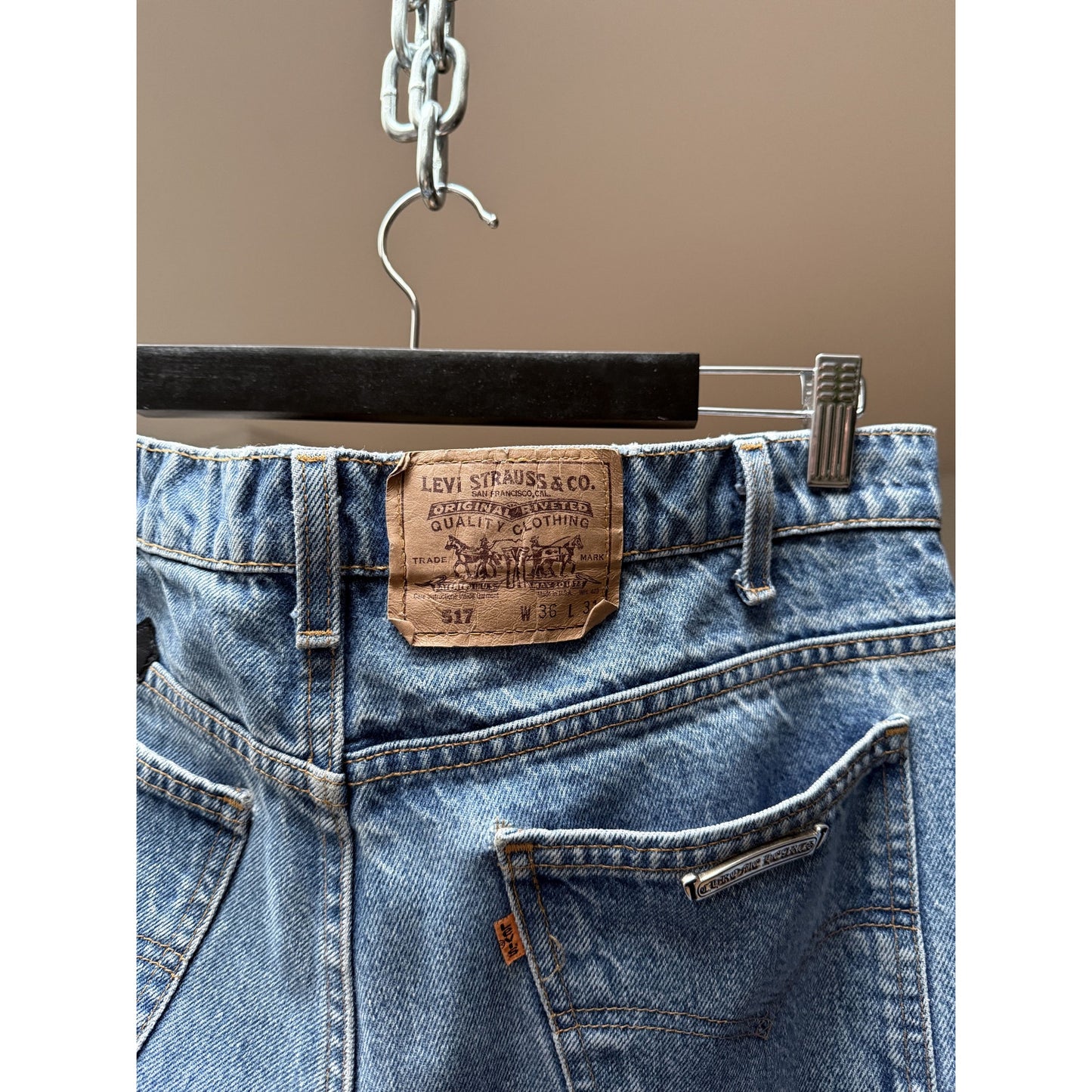 CHROME HEARTS LIGHT WASH LEVI'S CROSS PATCH DENIM SIZE 34 HEMMED