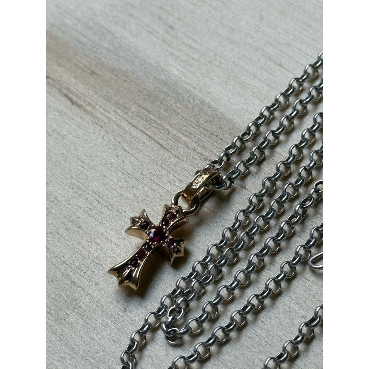 CHROME HEARTS 22K GOLD PAVE RUBY BABY PHAT CROSS PENDANT
