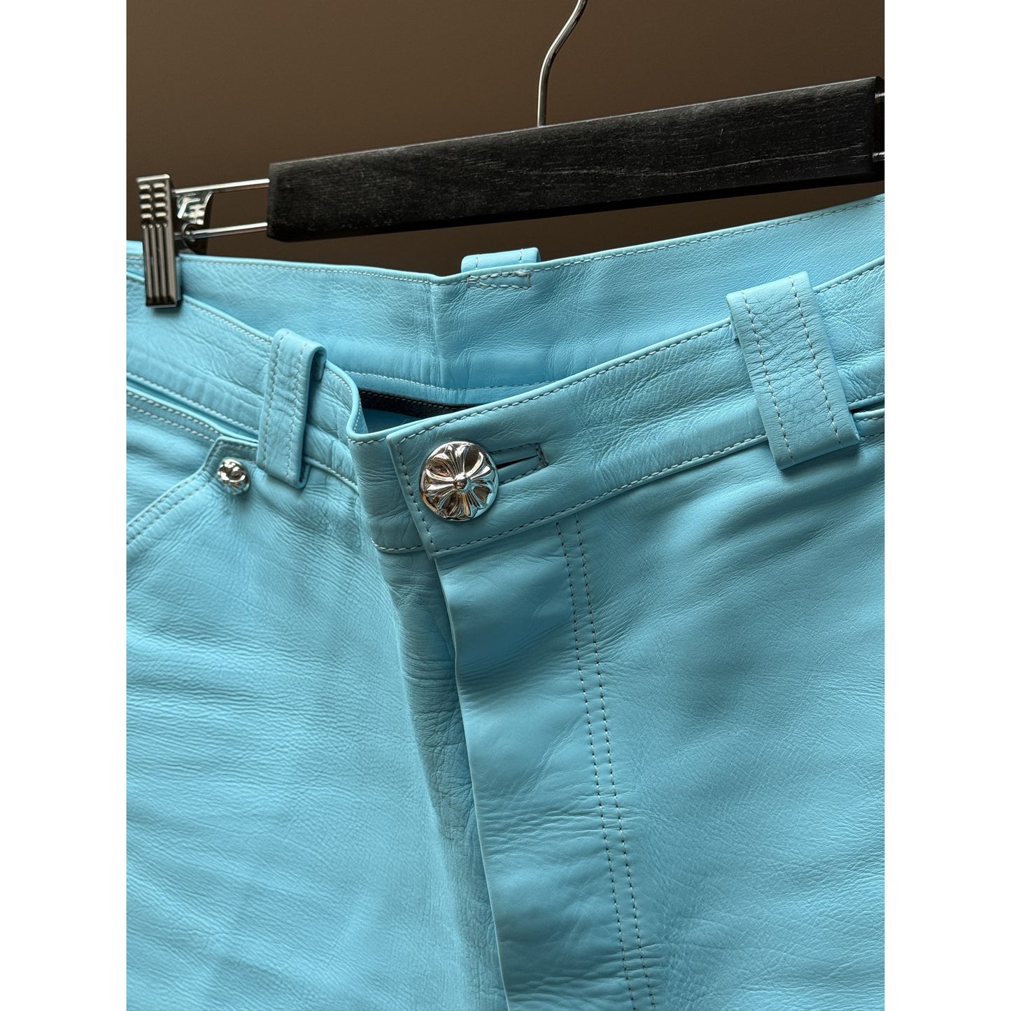 CHROME HEARTS BLUE FLEUR LEATHER SHORTS LAMB SHORTS ST BARTH