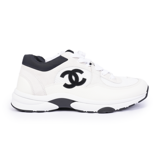 Chanel White Mesh Suede Calfskin Men's CC Trainer Sneakers