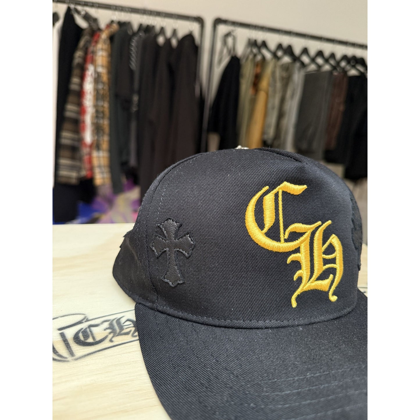 chrome hearts black and yellow patch hat