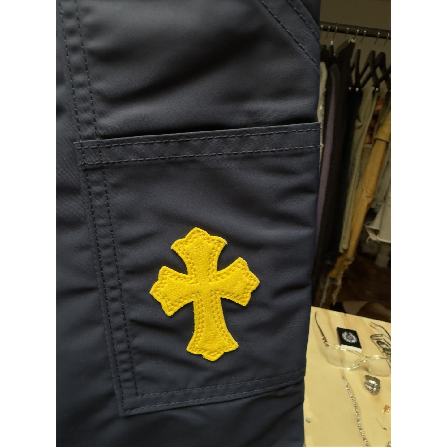 Chrome hearts Leather double knee shorts sz 34 yellow patch