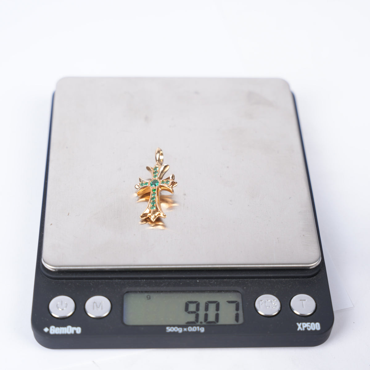 CHROME HEARTS EMERALD TINY CROSS 22K GOLD PENDANT