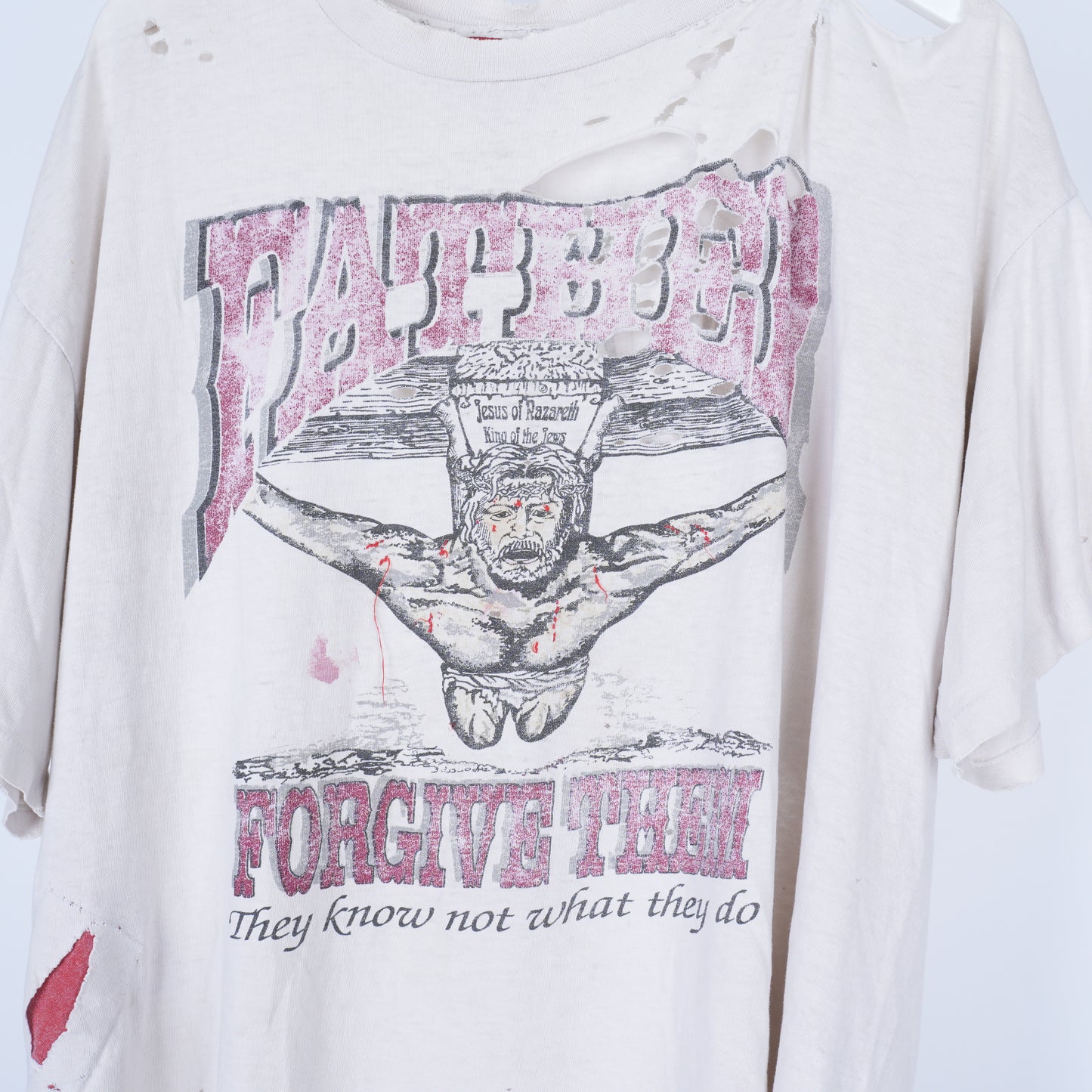 VINTAGE THRASHED JESUS FATHER FORGIVE THEM FADED WHITE T-SHIRT
