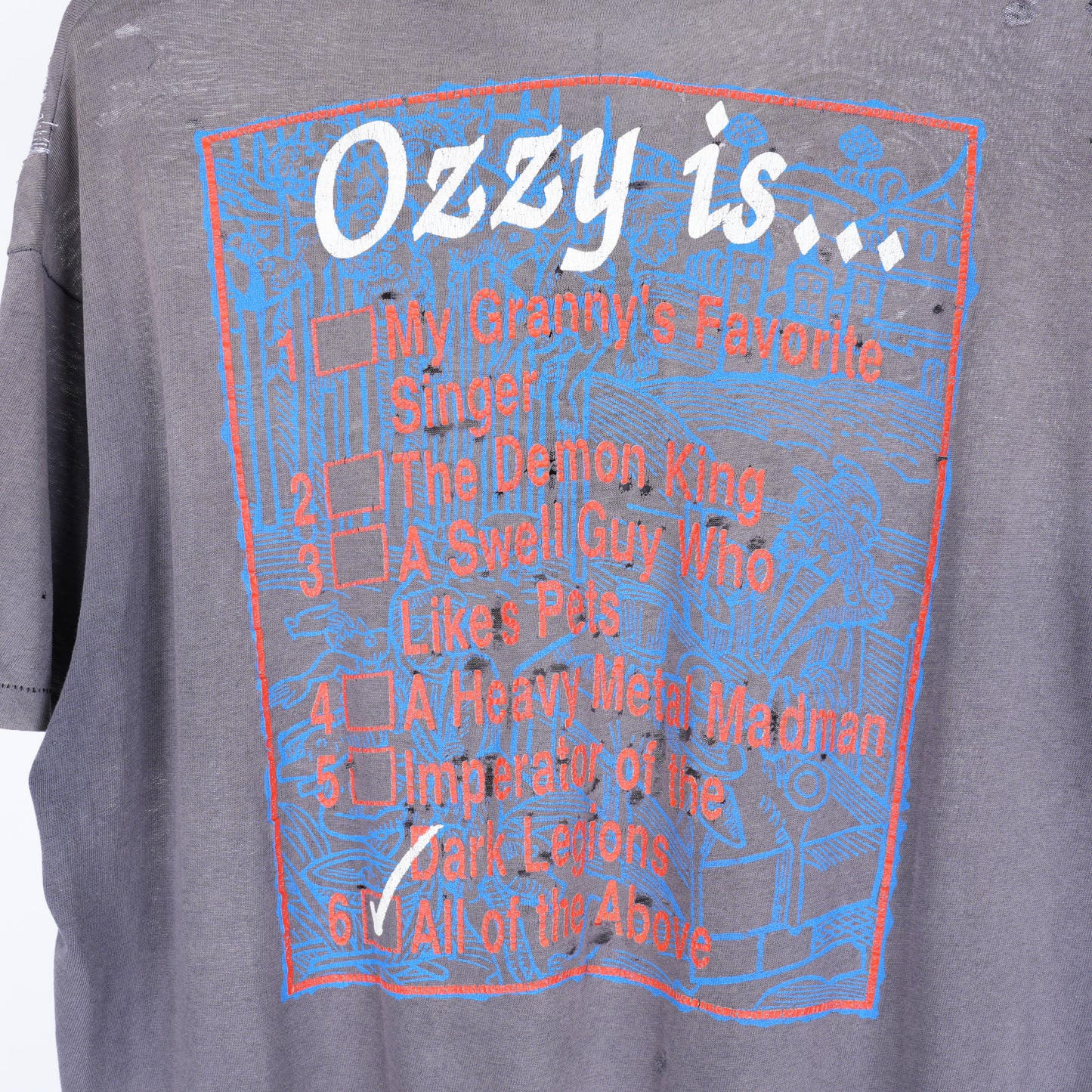 VINTAGE 1980S OZZY OSBOURNE OZZY IS... CHECKLIST THRASHED FADED REPAIRED BAND T-SHIRT