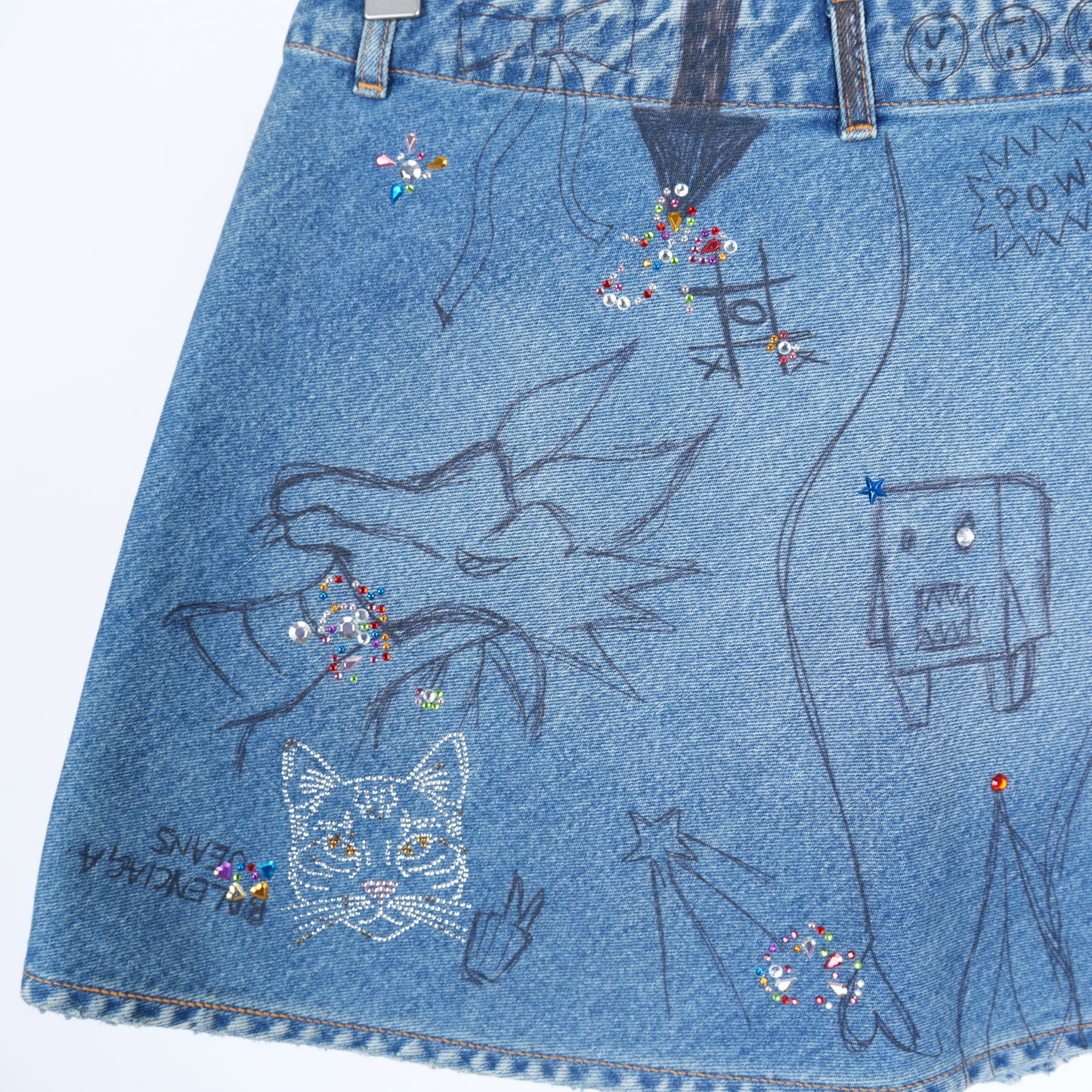 BALENCIAGA DENIM SCRIBBLE RHINESTONE SKIRT