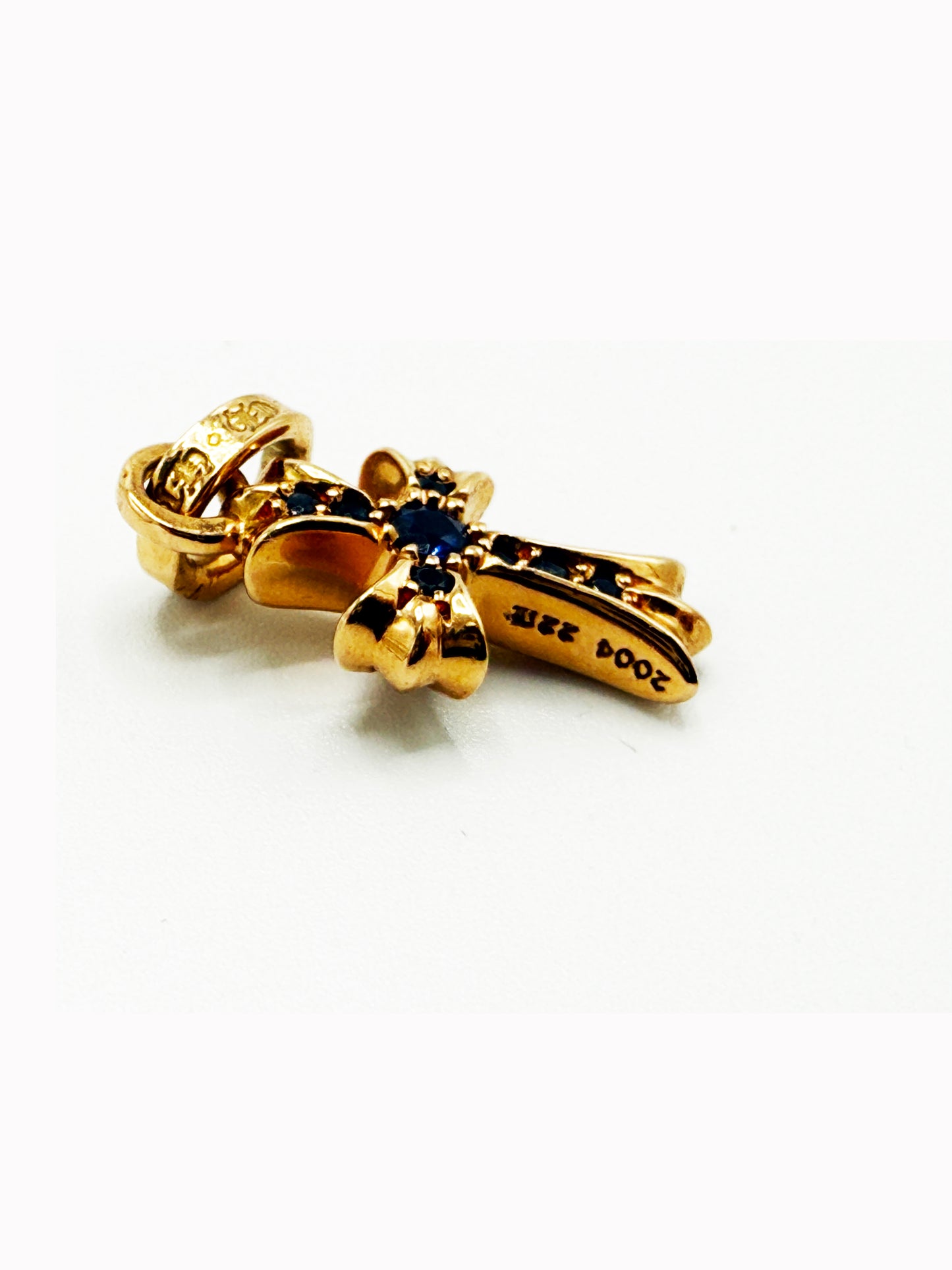 CHROME HEARTS 22K Gold Baby Fat Cross Pendant Pave Sapphire