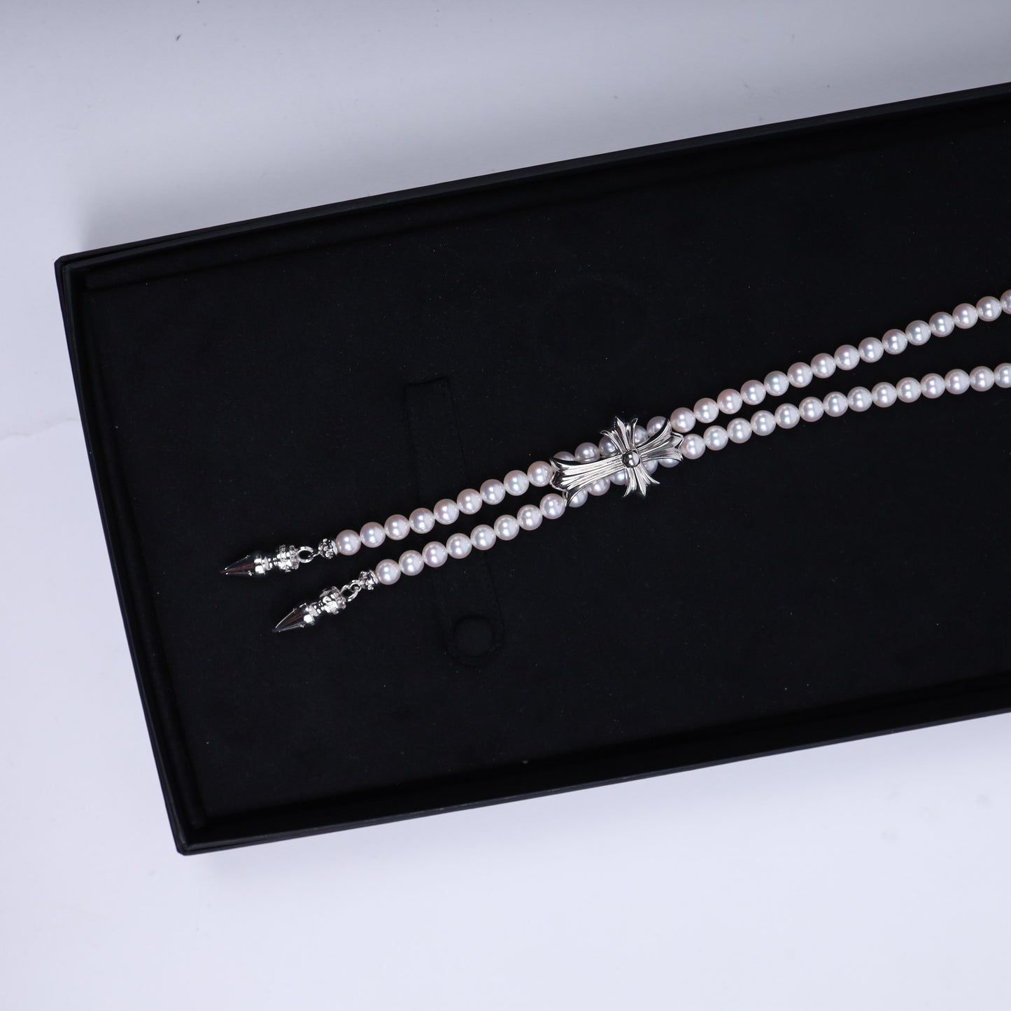 Mikimoto 18K White Gold Cross Bolo Tie Necklace