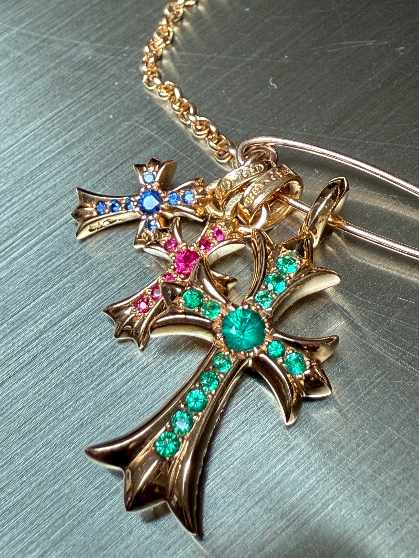 Chrome Hearts 22k Pave Emerald Tiny Cross Pendant