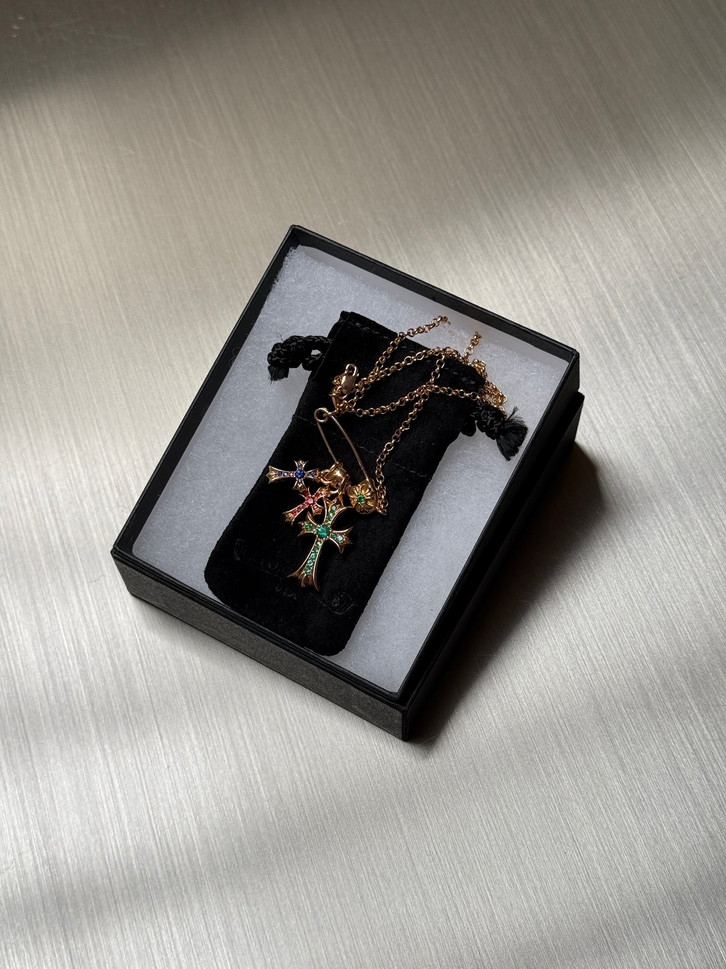 Chrome Hearts 22k Pave Emerald Tiny Cross Pendant