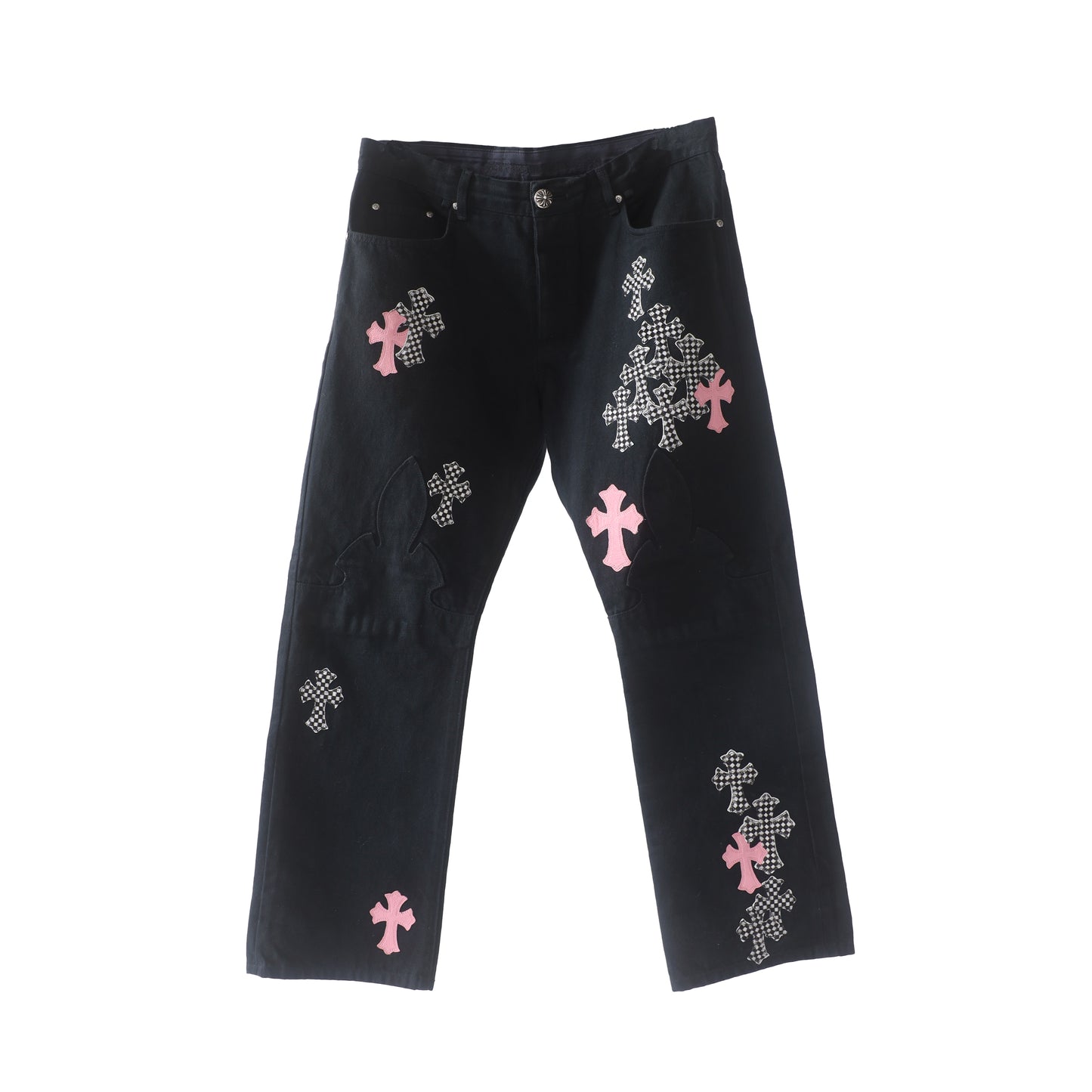 CHROME HEARTS PINK/CHECKERED FLEUR KNEE CROSS PATCH DENIM