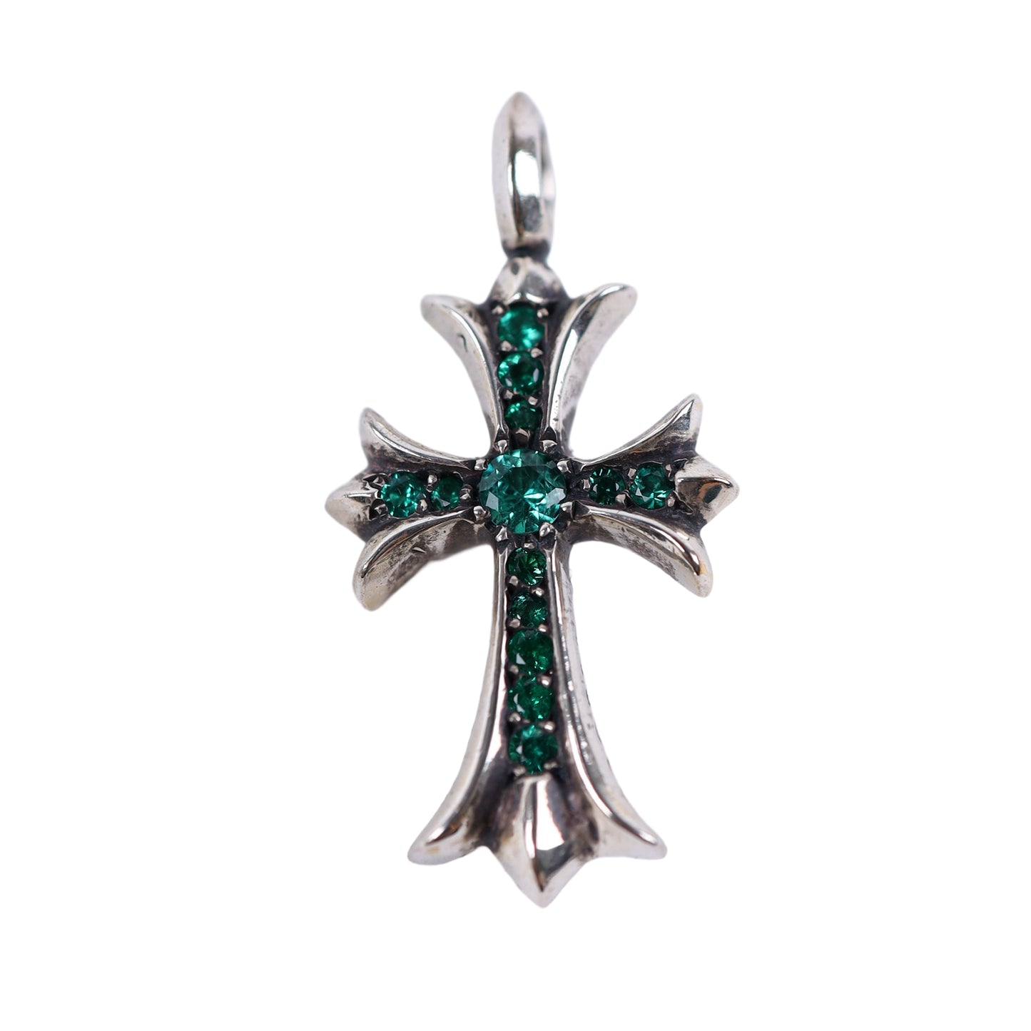 CHROME HEARTS EMERALD TINY CROSS CHARM SILVER
