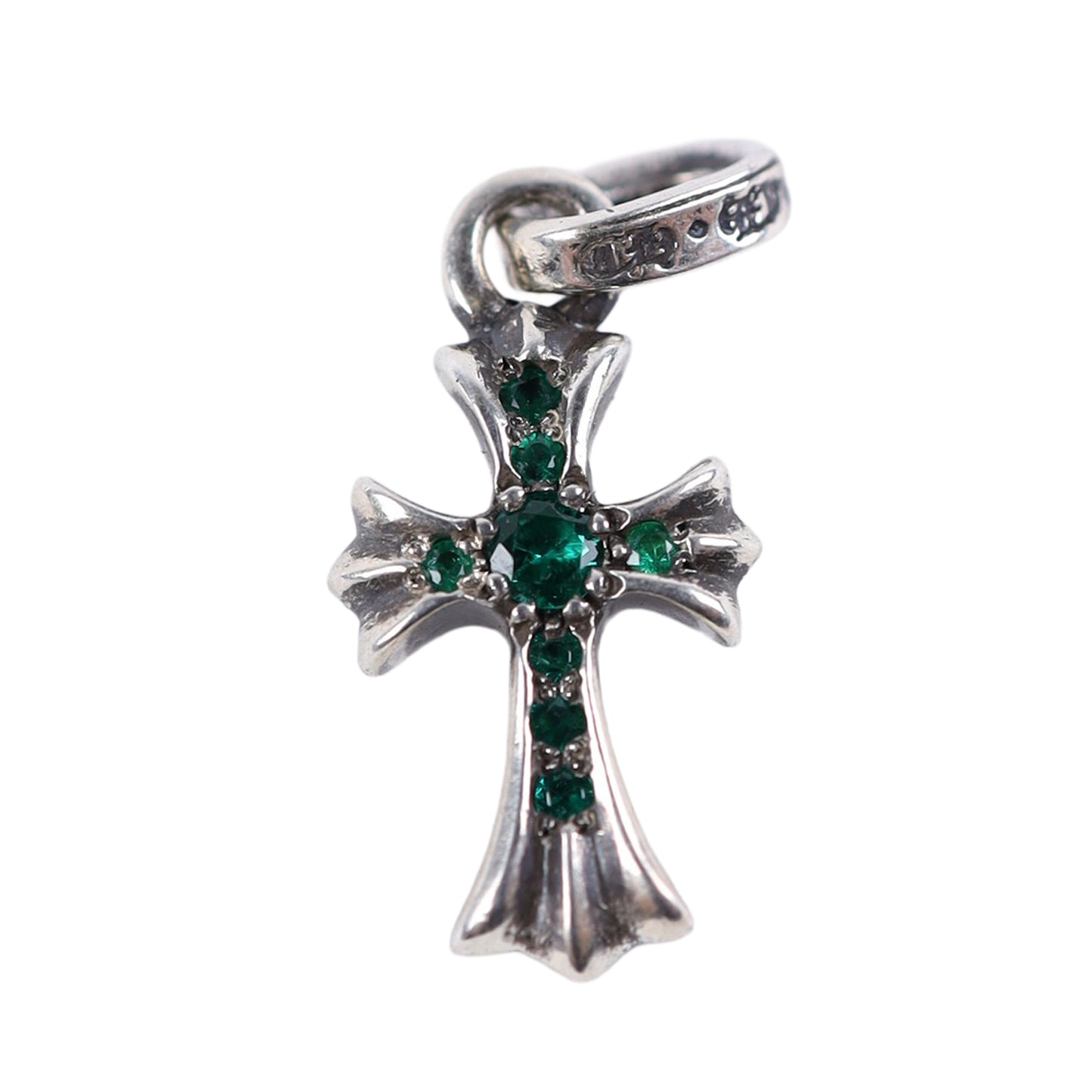 CHROME HEARTS PAVE EMERALD BABY FAT CROSS CHARM PENDANT