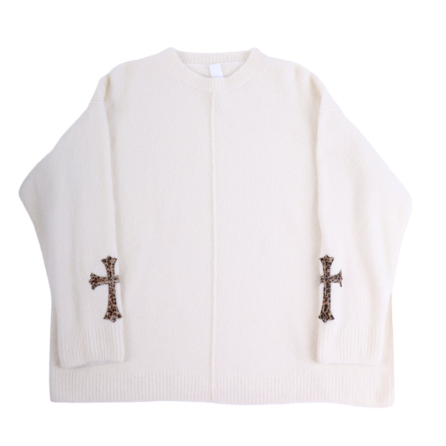 CHROME HEARTS WHITE CASHMERE SWEATER WITH LEAPOARD PATCHES