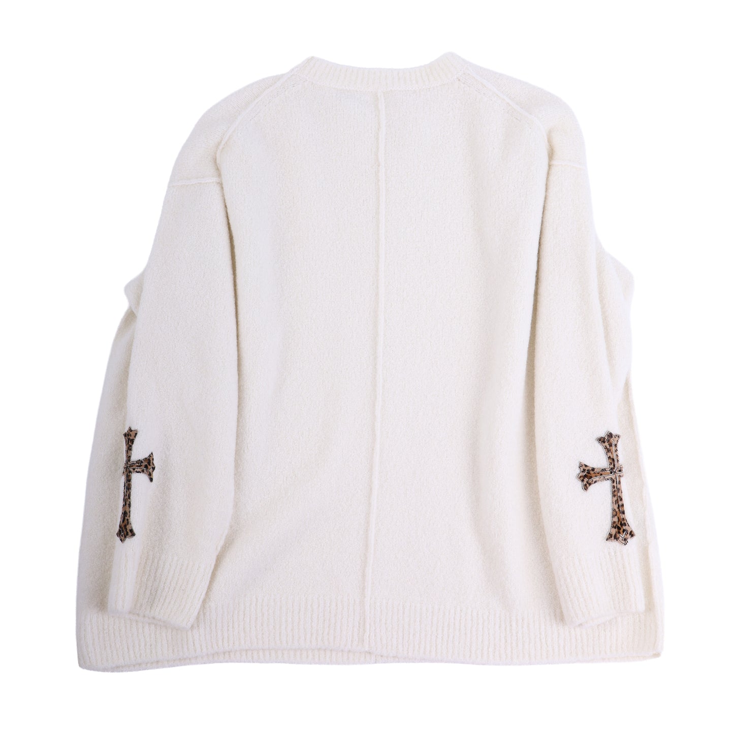 CHROME HEARTS WHITE CASHMERE SWEATER WITH LEAPOARD PATCHES