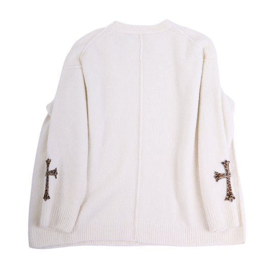 CHROME HEARTS WHITE CASHMERE SWEATER WITH LEAPOARD PATCHES