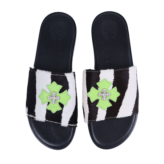 Zebra Filigree Neon Green Cross Slides