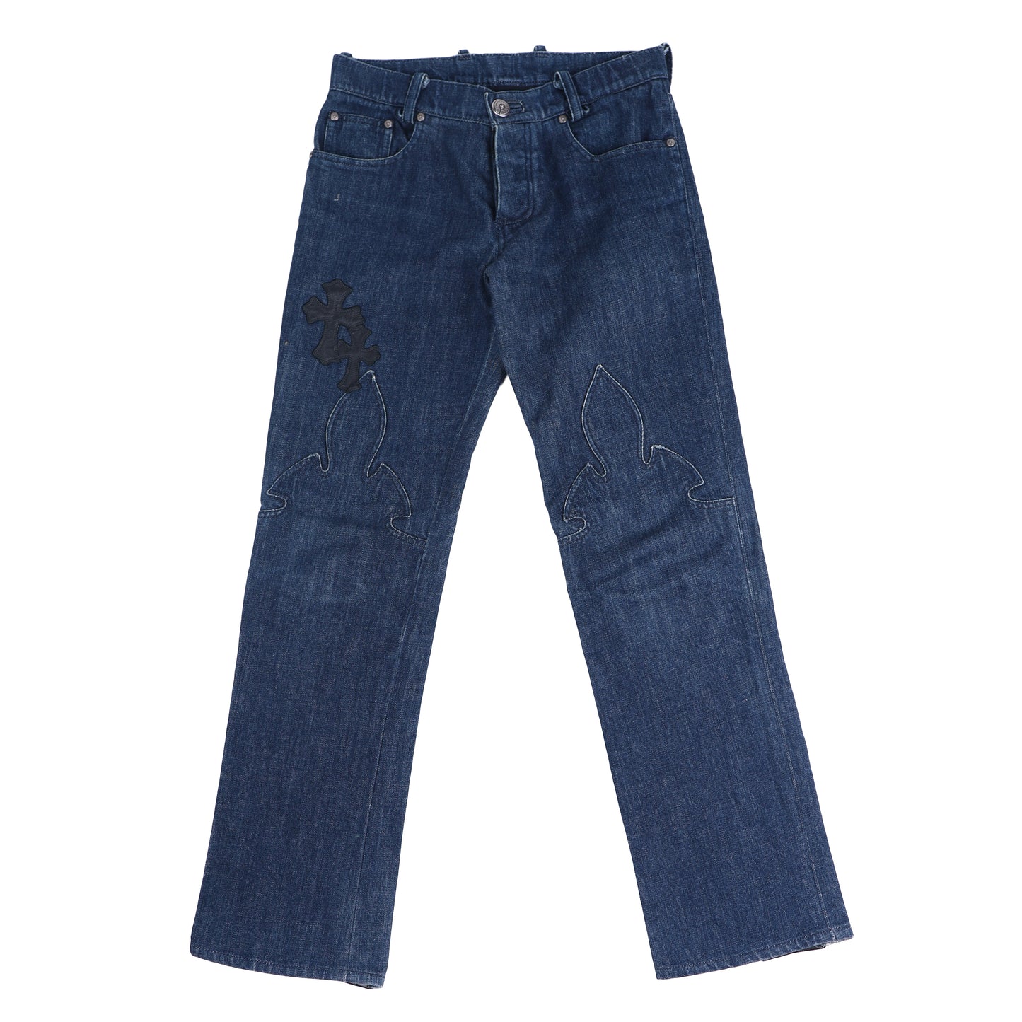 FLUER KNEE BLUE INDIGO DENIM CROSS PATCH DETAILS