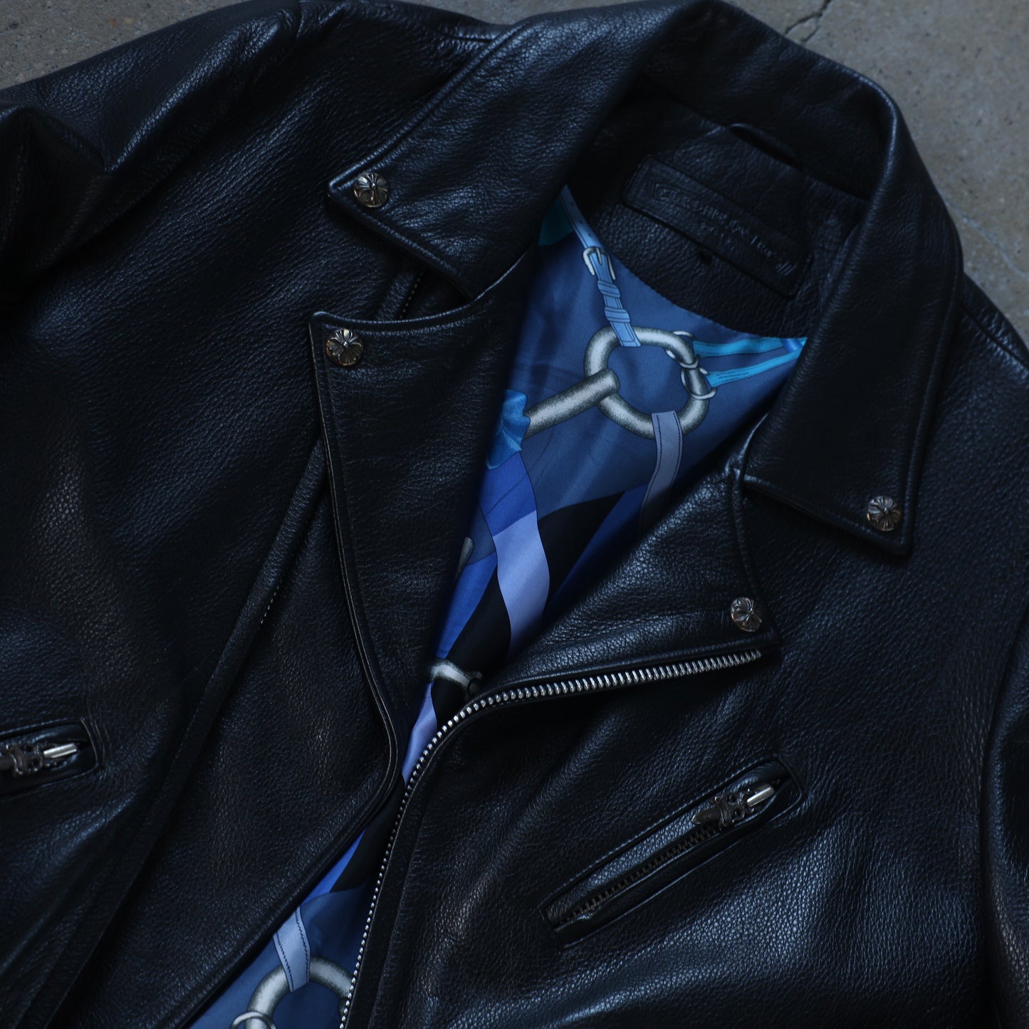 Chrome Hearts JJ Dean Hermes Scarf Lined Leather Jacket