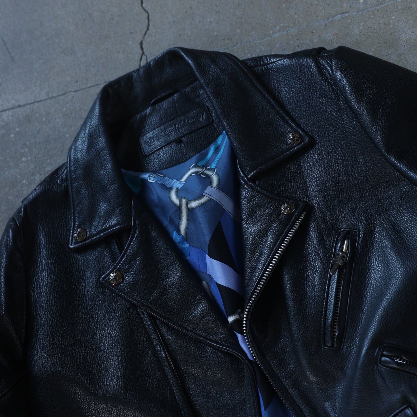 Chrome Hearts JJ Dean Hermes Scarf Lined Leather Jacket