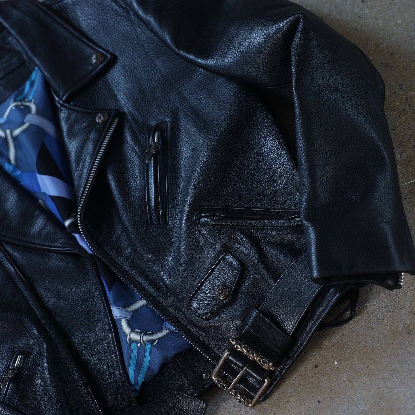 Chrome Hearts JJ Dean Hermes Scarf Lined Leather Jacket