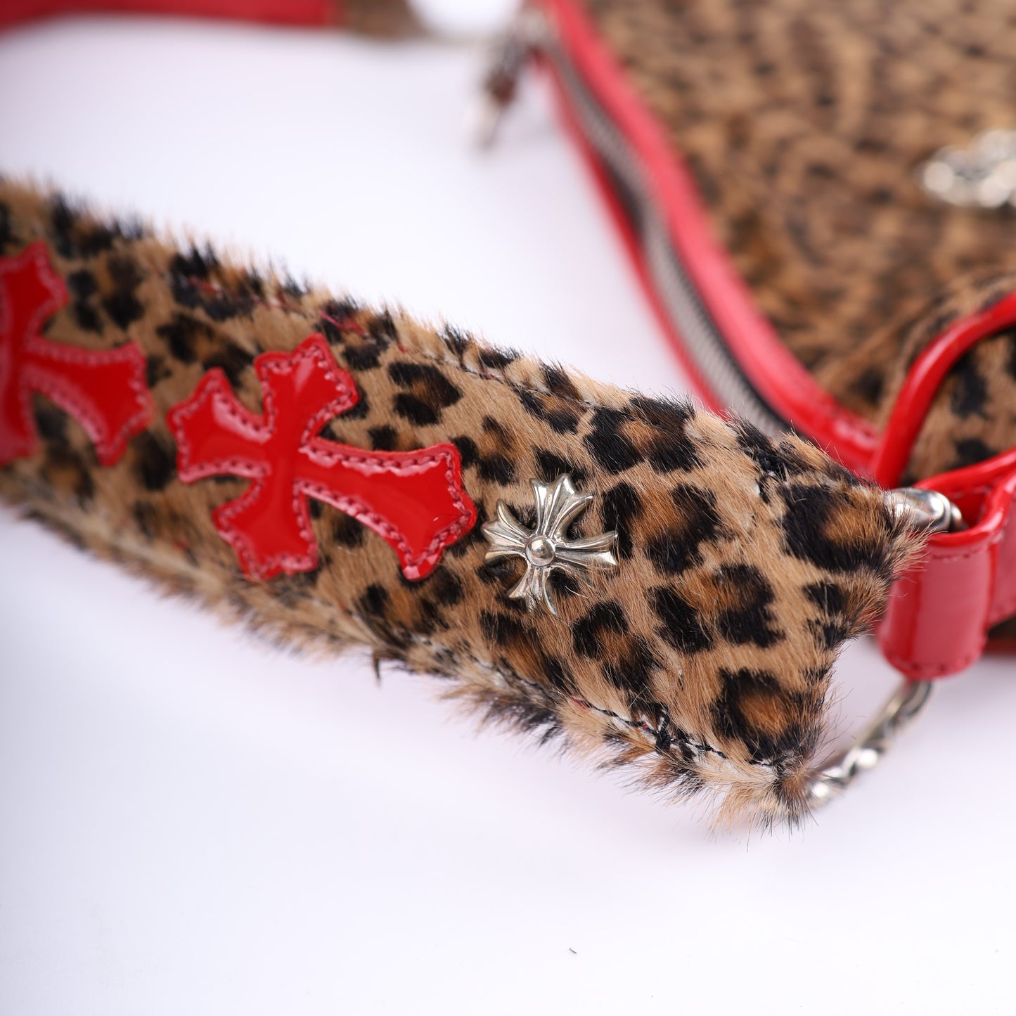 LEAPOARD CHICKEN NUGGET BAG WITH RED PATENT LEATHER CROSS PATCHES