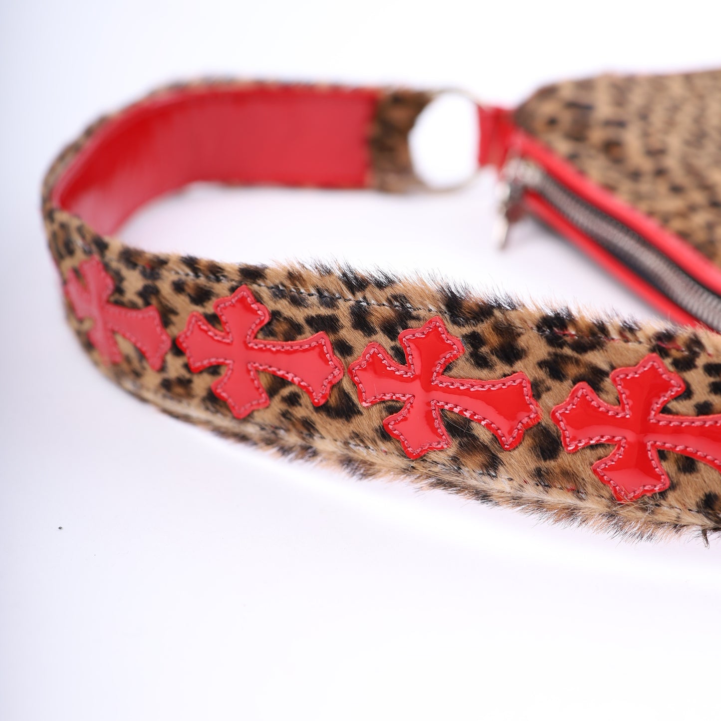 LEAPOARD CHICKEN NUGGET BAG WITH RED PATENT LEATHER CROSS PATCHES
