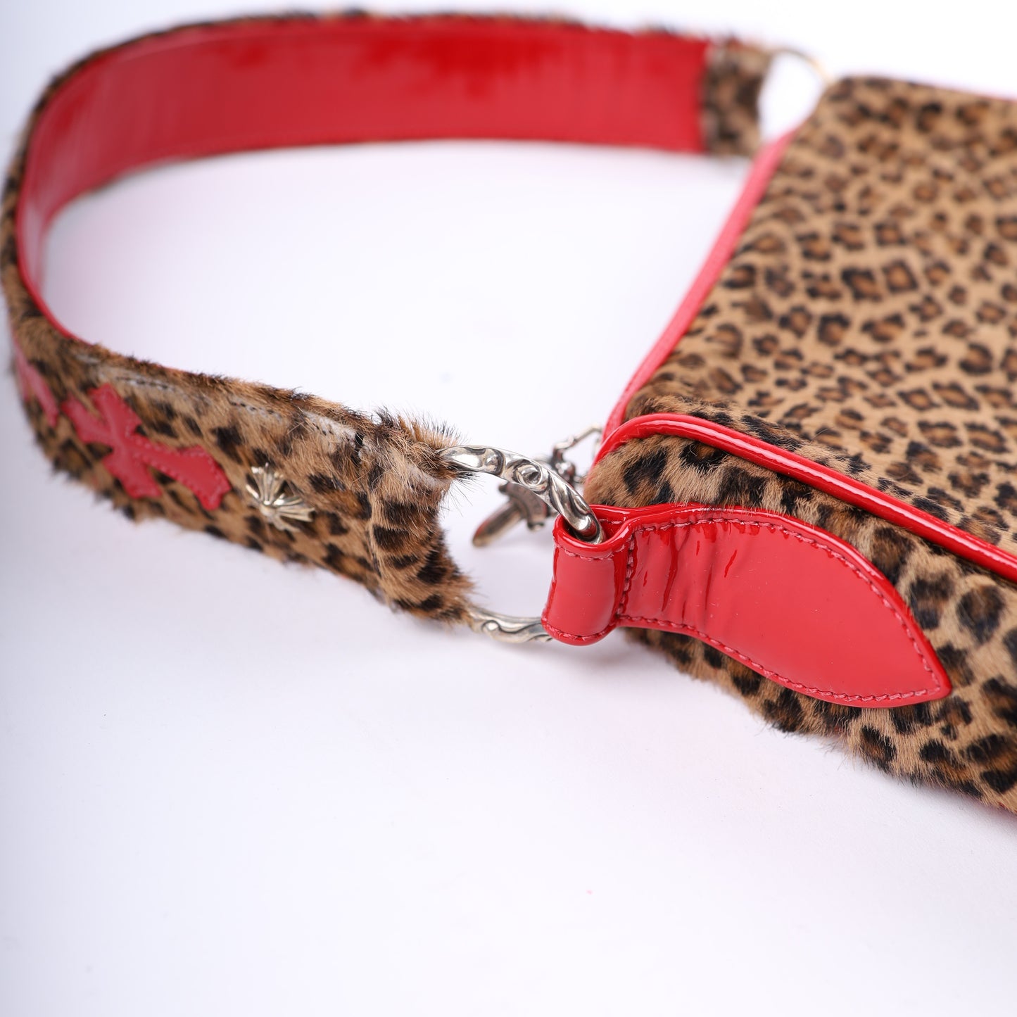 LEAPOARD CHICKEN NUGGET BAG WITH RED PATENT LEATHER CROSS PATCHES