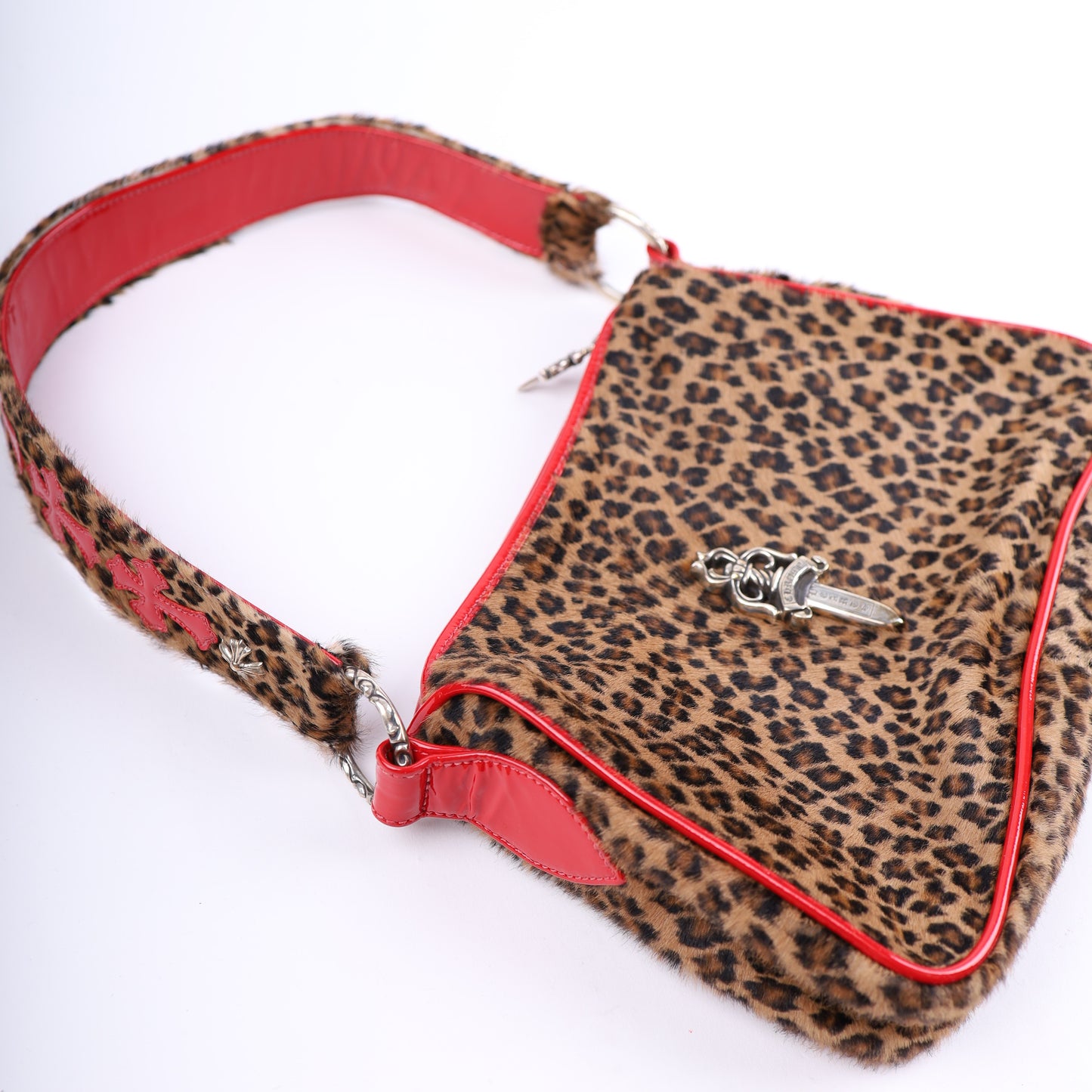 LEAPOARD CHICKEN NUGGET BAG WITH RED PATENT LEATHER CROSS PATCHES
