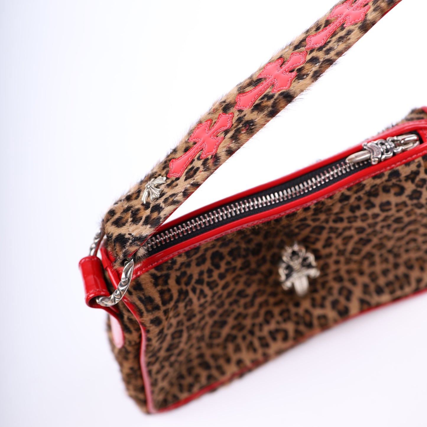 LEAPOARD CHICKEN NUGGET BAG WITH RED PATENT LEATHER CROSS PATCHES
