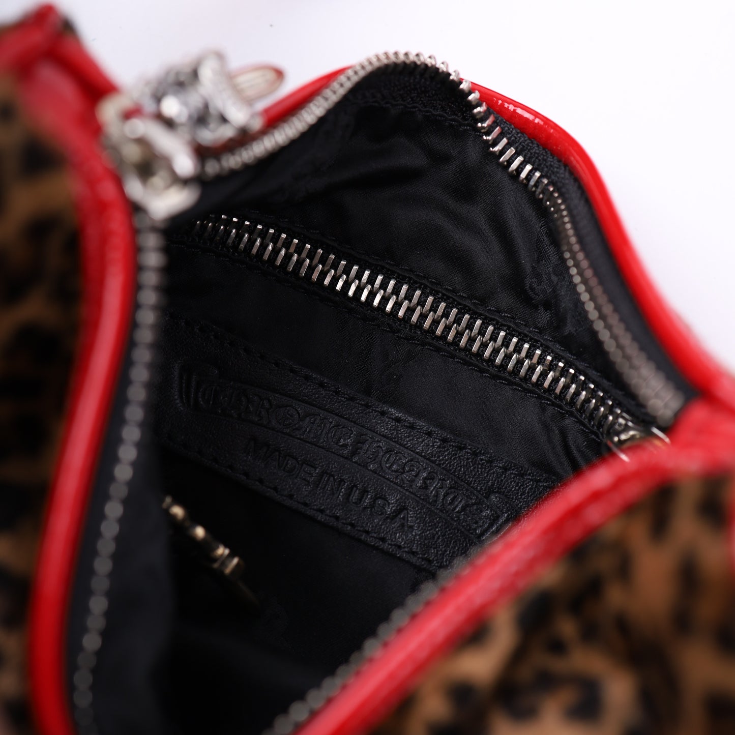 LEAPOARD CHICKEN NUGGET BAG WITH RED PATENT LEATHER CROSS PATCHES